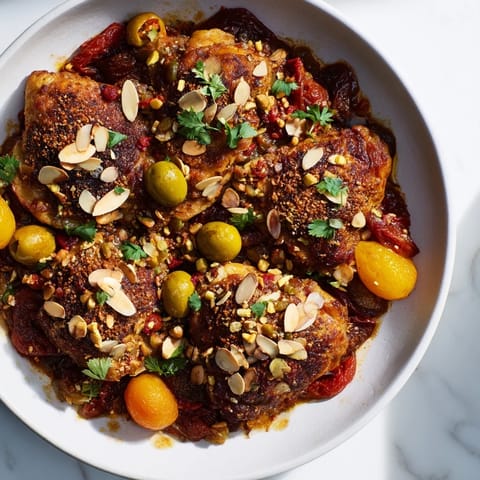 Savory and sweet Moroccan Tagine Chicken with garnishes of cilantro and toasted almonds awaits serving.