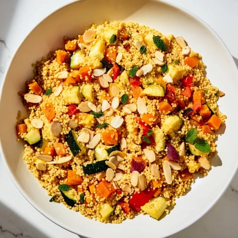 Fluffy couscous salad, filled with vibrant roasted veggies and herbs, alongside a bright lemon dressing.