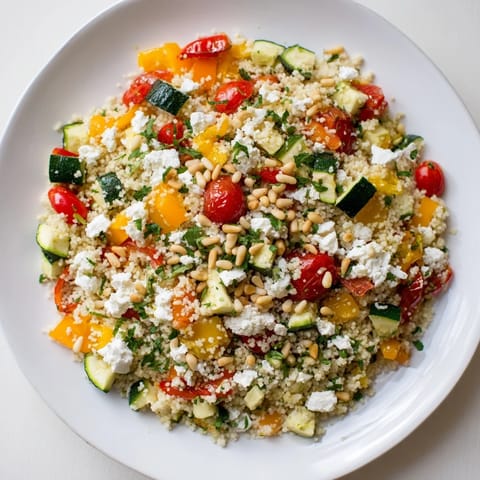 A vibrant Roasted Veggie Couscous Salad topped with feta, parsley, and toasted pine nuts.