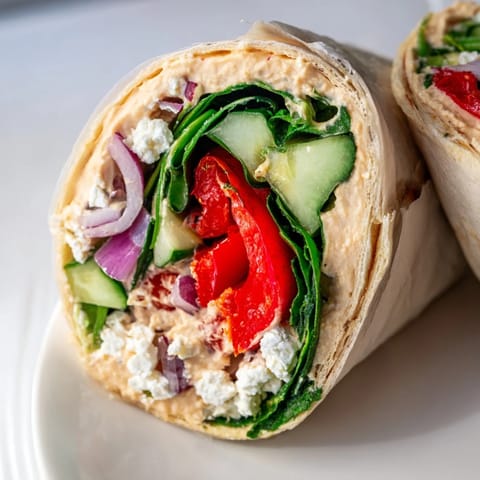 Vibrant Mediterranean Veggie Wrap sliced in half, revealing layers of smoky roasted red peppers and crisp fresh spinach.  