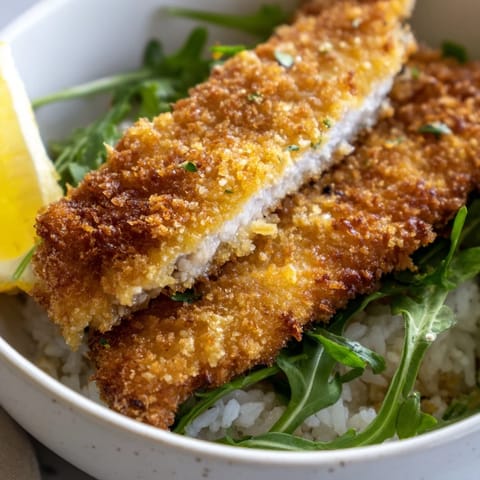 A close-up of a Crispy Parmesan Chicken Cutlet Bowl drizzled with lemon juice beside fresh greens.
