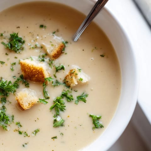 Creamy roasted garlic soup with a velvety texture, garnished with fresh herbs and served warm.  