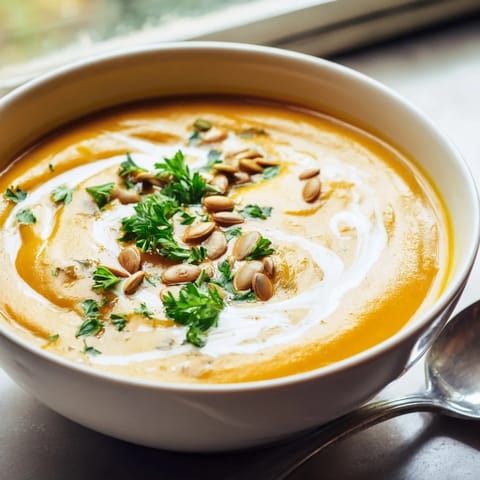 Butternut Squash and Apple Soup with a velvety orange texture and a side of crusty bread for dipping.  