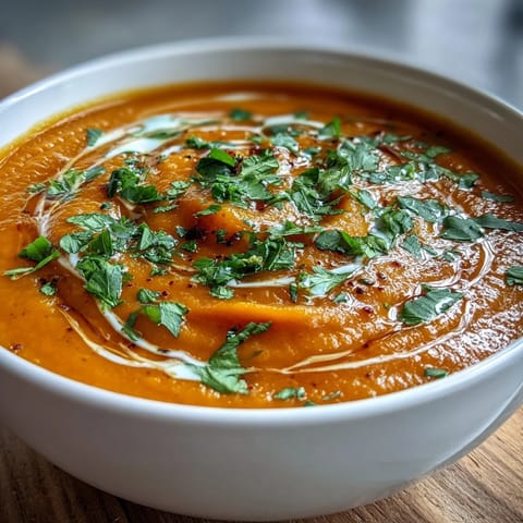 Silky Carrot Ginger Soup, bright orange, garnished with fresh herbs and cream.