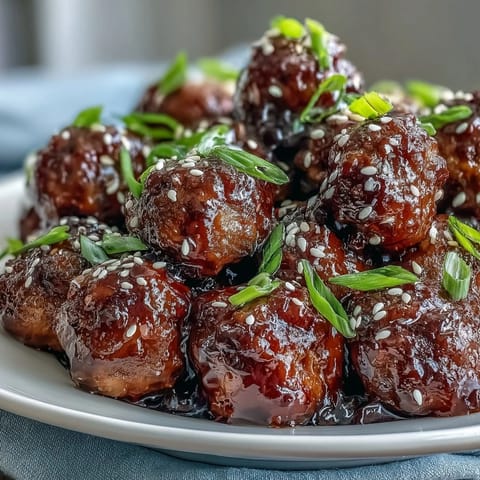 Easy Sweet and Sour Crock Pot Meatballs glistening in a sticky, tangy sauce with a sprinkle of sesame seeds and green onions.