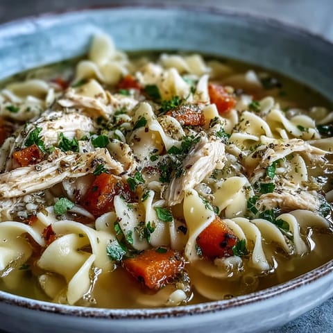 A close-up of Instant Pot Chicken Noodle Soup garnished with fresh parsley, served with crusty bread on a cozy kitchen table