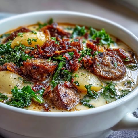 A comforting bowl of Italian Sausage Soup with kale and potatoes, ready to serve.