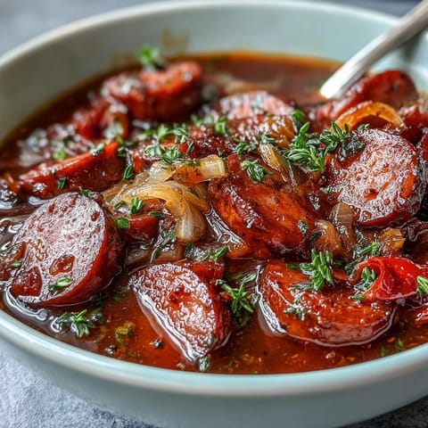 A steaming bowl of Crock Pot BBQ Cocktail Sausage Soup topped with fresh parsley, served beside crusty artisan bread.