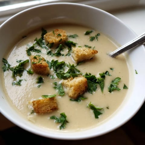Golden roasted garlic soup in a rustic bowl, topped with fresh parsley and a slice of toasted crusty bread.  