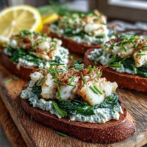 A close-up of smoked haddock and spinach rye toasts, featuring creamy crème fraîche spread and vibrant green spinach on hearty bread.  
