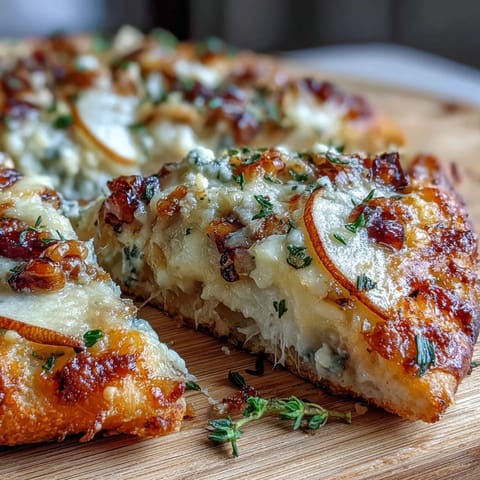Close-up of golden, crisp Pear, Gorgonzola, and Pickled Walnut Pizzettes topped with fresh thyme.
