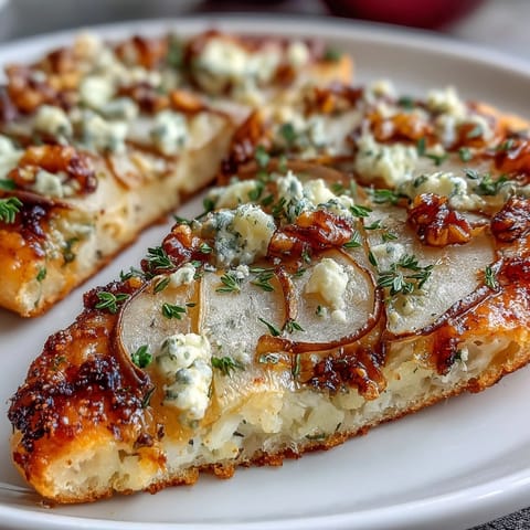 Freshly baked Pear, Gorgonzola, and Pickled Walnut Pizzettes on a wooden board with arugula garnish.