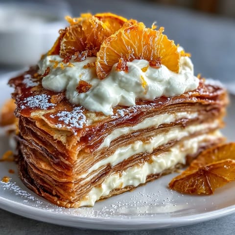A slice of Blood Orange Curd Crêpe Cake reveals layers of whipped cream and tangy orange filling between soft crêpes.