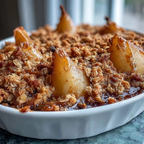 Freshly baked Pear Crumble in a white dish, featuring tender pears and a thick, crunchy oat topping ready to serve.
