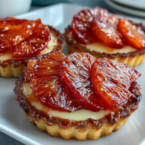 Brightly glazed Blood Orange Tarts arranged on a white plate, showcasing juicy citrus segments and golden crusts.