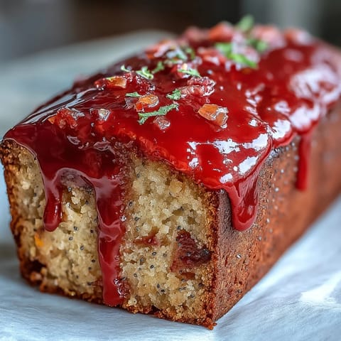 Slices of Blood Orange Loaf Cake with poppy seeds and marzipan, served with tea on a rustic table.