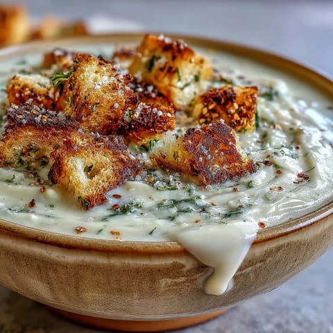 Creamy cauliflower and broccoli soup in a rustic bowl, topped with golden homemade croutons and fresh herbs.