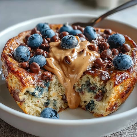 Golden-brown Baked Protein Pancake Bowl served warm in a ramekin, drizzled with maple syrup for a cozy single-serve breakfast.