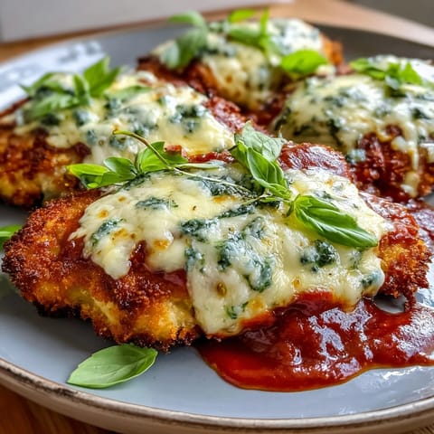 Tender chicken parmesan layered with vibrant green pesto and rich marinara sauce, crowned with bubbling mozzarella and Parmesan cheese, ready to be served.