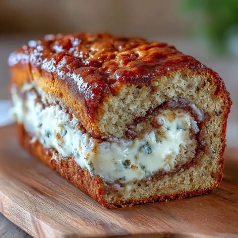 Sliced Cream Cheese Cinnamon Swirl Banana Bread reveals a creamy white filling and sugary cinnamon swirl on a rustic wooden board.