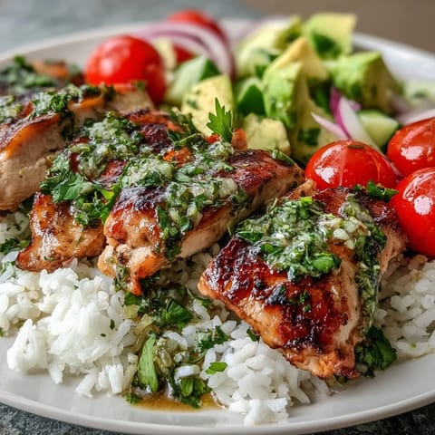 Colorful chimichurri chicken bowl features grilled poultry, fresh cucumbers, red onion, and zesty herb drizzle over grains.