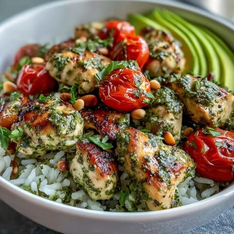 A serving of Pesto Chicken Bowl with juicy chicken, sliced avocado, cherry tomatoes, and toasted pine nuts over rice. 