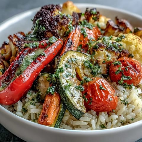 Steaming Rainbow Roasted Vegetable Bowl with fluffy brown rice and vibrant multi-colored vegetables.