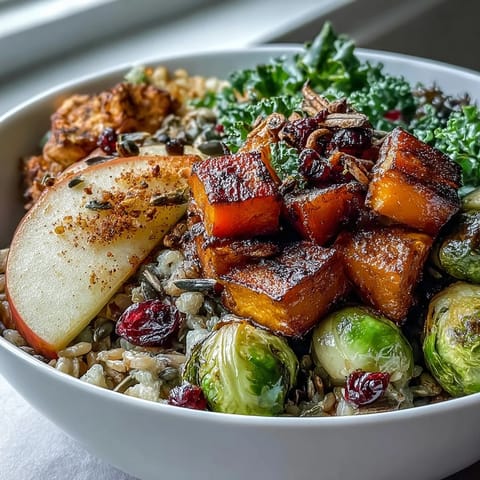 Roasted butternut squash and Brussels sprouts top the Fall Vegetable Bowl, adding warm, savory notes.