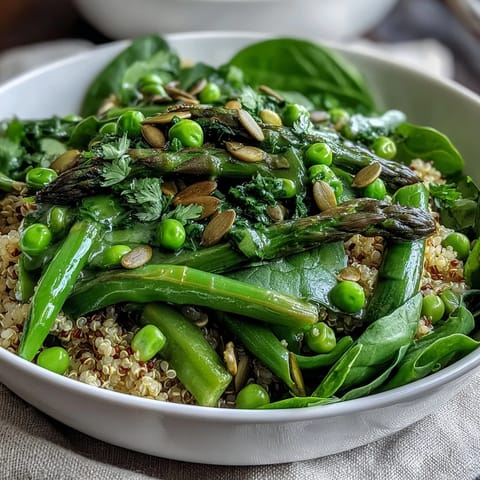 Overhead view of a Spring Green Bowl with bright peas, asparagus, and spinach over fluffy quinoa.