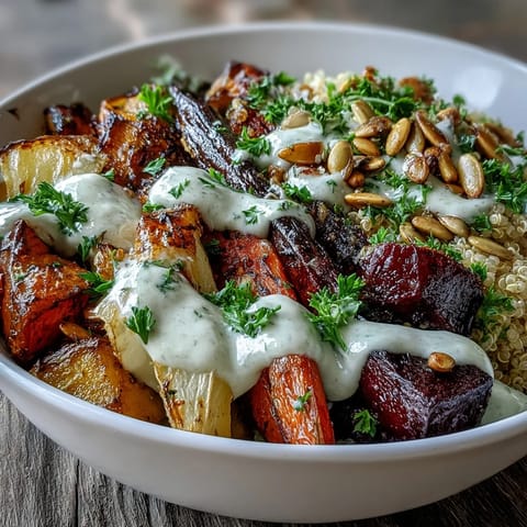 Overhead view of a roasted root vegetable bowl with golden carrots, beets, and parsnips on fluffy quinoa and a tahini drizzle.
