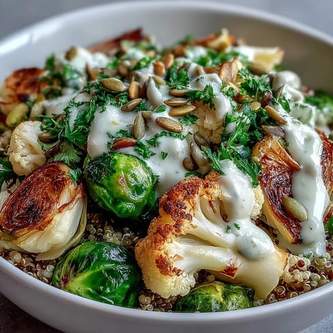 Golden-brown roasted broccoli, cauliflower, and Brussels sprouts are arranged over fluffy quinoa in a Roasted Brassica Bowl. 