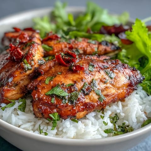 Sliced marinated chicken atop rice and crisp greens, with cherry tomatoes and toasted pine nuts in a bowl.