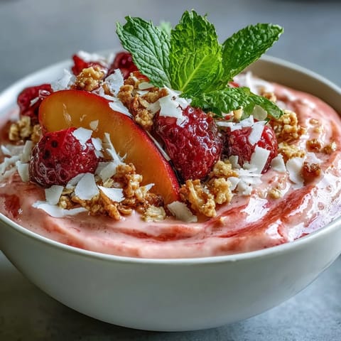 Creamy, vibrant Guava and Mango Smoothie Bowl topped with granola, coconut flakes, and fresh berries for a nourishing breakfast.