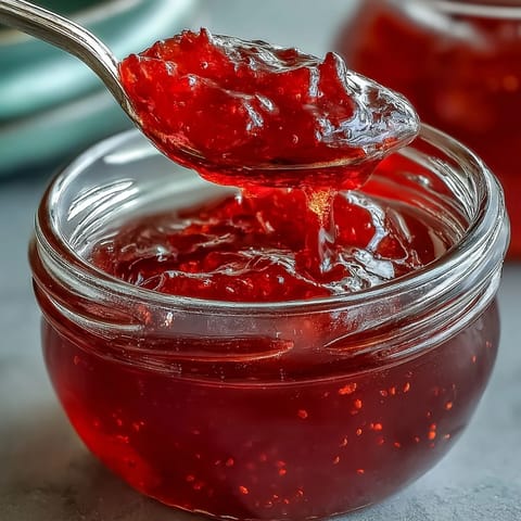 Glistening guava jelly cooling in a clear glass jar on a wooden counter.