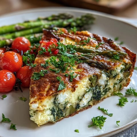 Healthy Easy Spring Veggie Frittata with vibrant asparagus, spinach, and tomatoes, baked until golden and topped with fresh herbs.  