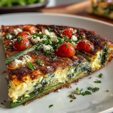 Fluffy egg frittata loaded with seasonal vegetables, feta cheese, and chives, perfect for a quick and healthy breakfast or brunch.  