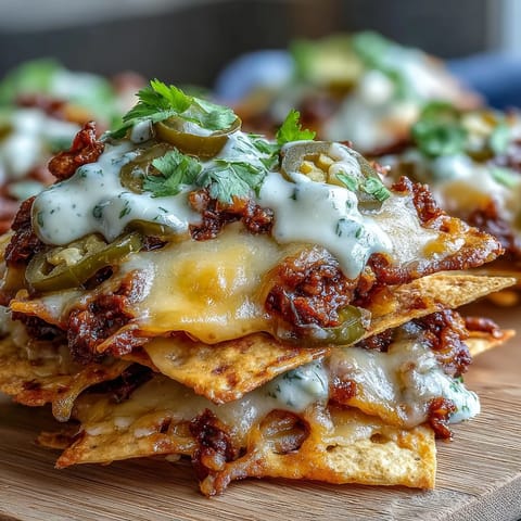 Loaded Baseball Nachos featuring creamy cheese sauce, spicy jalapeños, and juicy seasoned beef for game day snacking.  
