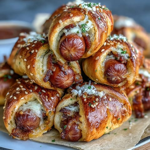 Bite-sized hot dogs wrapped in golden crescent roll dough, perfect for game day snacking or kid-friendly appetizers.