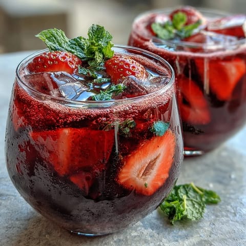 Refreshing strawberry açaí refresher with bright red fruit slices and ice cubes, perfect for a hot summer day.