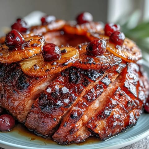 Honey glazed ham with pineapple slices glistening under a golden caramelized honey-mustard glaze, surrounded by festive maraschino cherries.