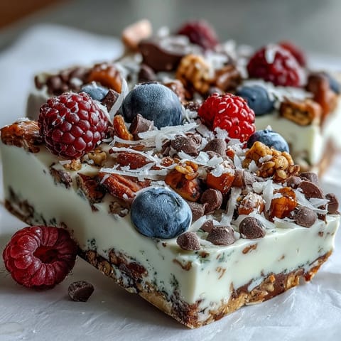 Frozen yogurt bark with berries and granola, a colorful summer treat with creamy yogurt and fresh fruit.
