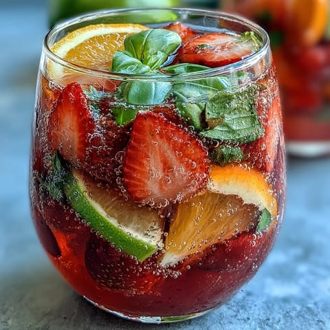 A vibrant pitcher of strawberry basil sangria mocktail with citrus slices and fresh basil leaves.
