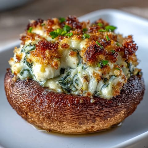 Spinach ricotta stuffed mushrooms baked to golden perfection with a creamy, herb-filled center. A delicious vegetarian appetizer for any gathering.