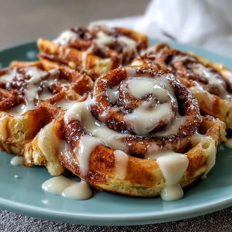 Fluffy waffles with a cinnamon-sugar swirl, drizzled with rich vanilla cream cheese glaze for a sweet breakfast treat.  