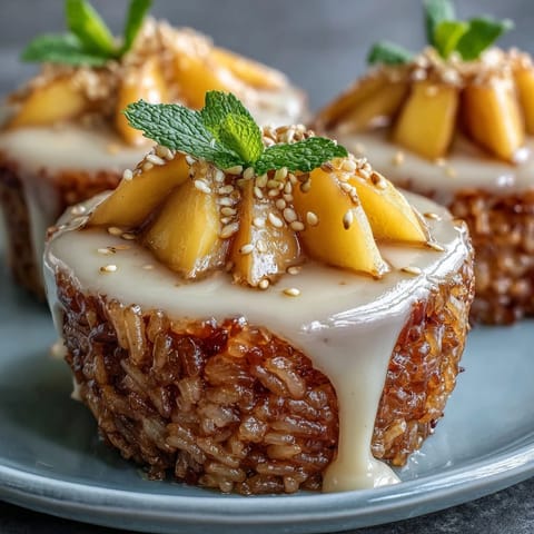 1. Vibrant mango sticky rice cups layered with creamy coconut rice and fresh mango slices for a modern Thai dessert.  