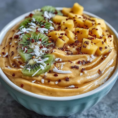 A vibrant mango chili lime smoothie bowl topped with fresh kiwi, granola, and shredded coconut for a tropical breakfast treat.