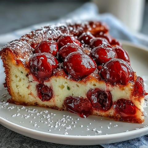 A rustic French dessert with fresh cherries baked in creamy vanilla bean custard, golden and lightly puffed from the oven.