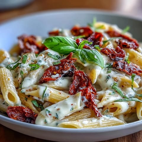 A bowl of creamy pasta with sun-dried tomatoes and parmesan, garnished with fresh basil leaves.