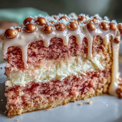 A delicate pink velvet cake made with rosé wine, layered with silky cream cheese frosting and finished with a luxurious edible gold drip for a bridal shower centerpiece.