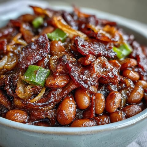 Juneteenth BBQ Baked Beans with Bacon, a smoky-sweet, comforting side dish.